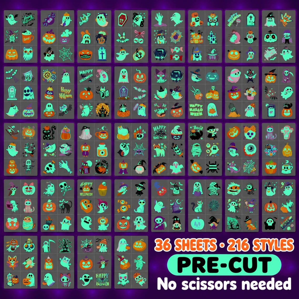 36 sheets with 216 Halloween luminous temporary tattoo styles and pre-cut design separators