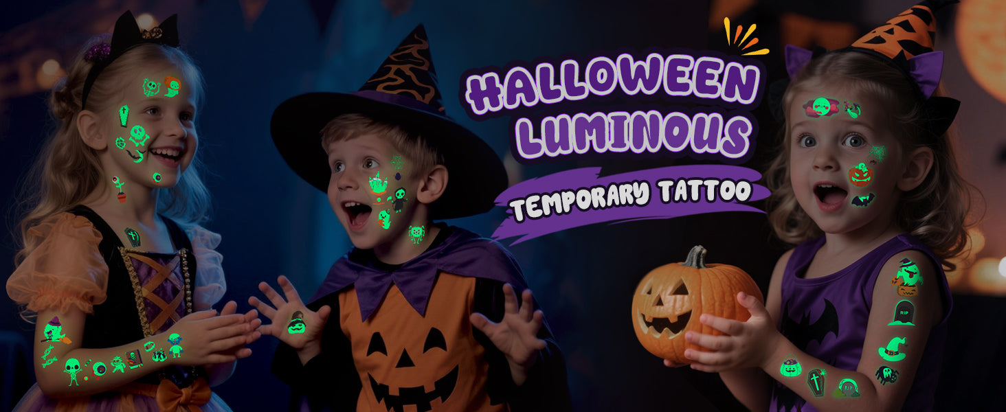 Halloween costume party banner with luminous temporary tattoos
