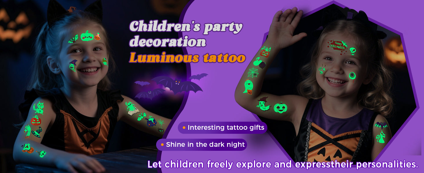 Halloween party banner featuring children wearing temporary tattoos