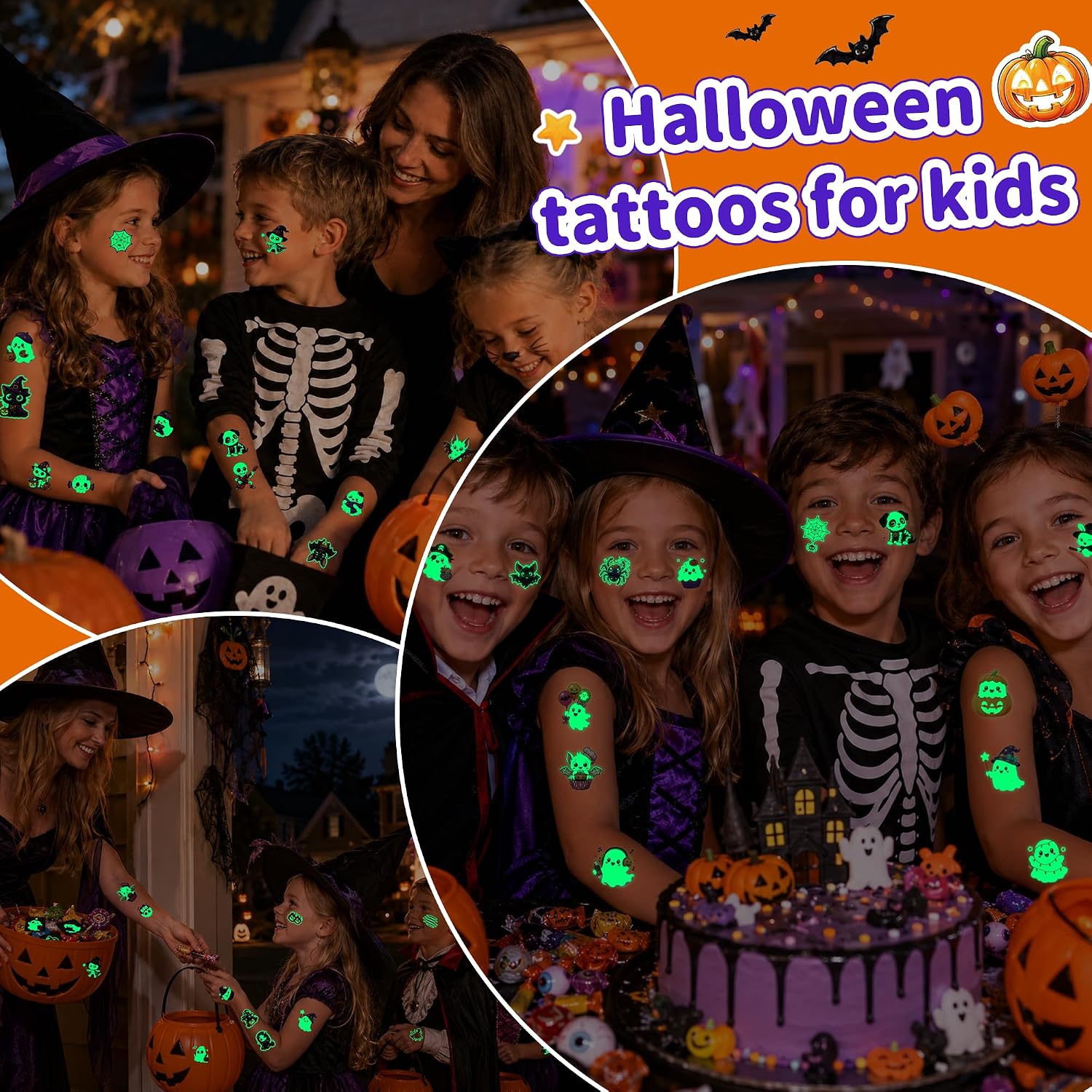 Halloween party scenes featuring temporary tattoos