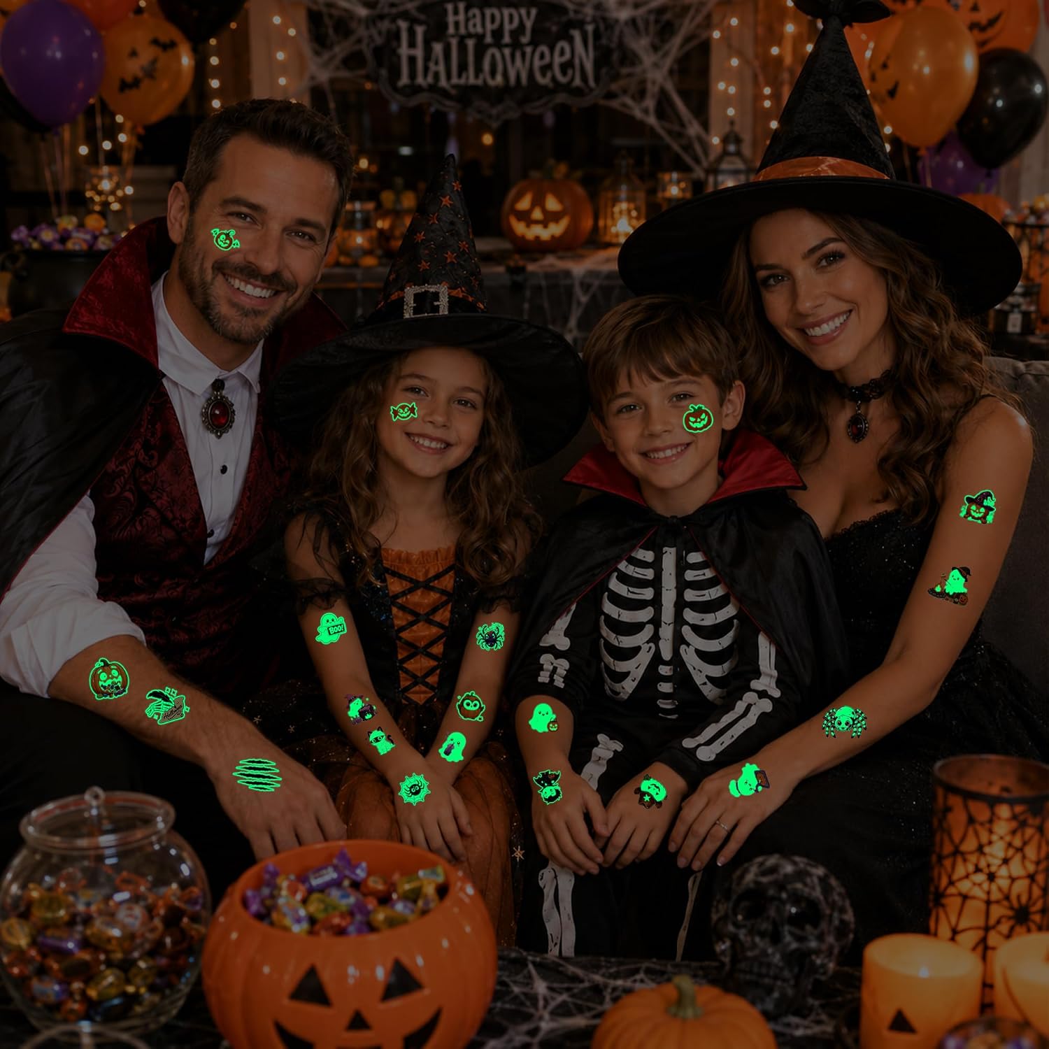 A family Halloween party scene featuring costumes and temporary tattoos