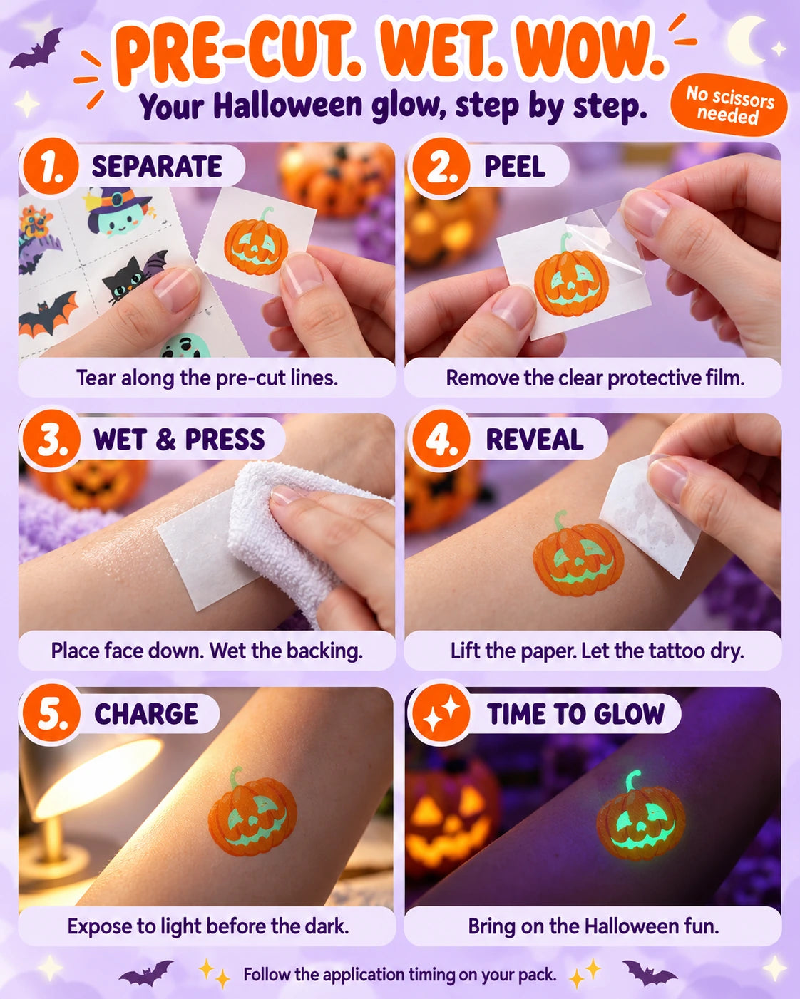 How to apply pre-cut Halloween temporary tattoos: separate, peel, wet and press, reveal, and charge under light