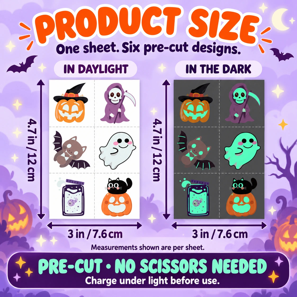 Each Halloween tattoo sheet measures 3 by 4.7 inches, approximately 7.6 by 12 centimeters, with six pre-cut designs